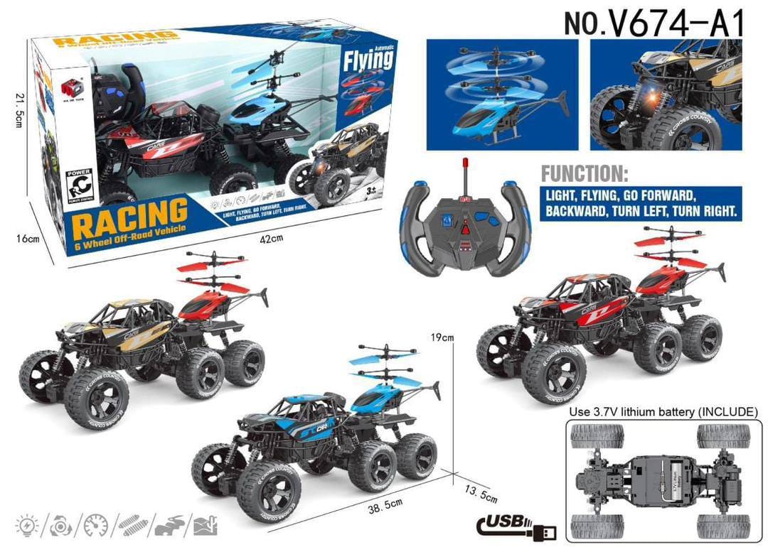 ماشین کنترلی آفرود ۶ چرخ با هلیکوپتر پروازی | ماشین مسابقه‌ای RC مدل Racing