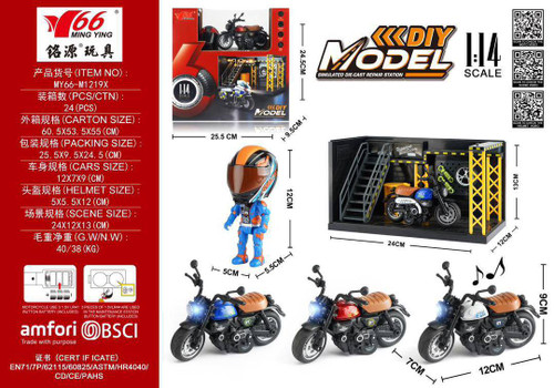 ست موتور فلزی 1:14 با فیگور موتورسوار و گاراژ تعمیرگاهی DIY Model